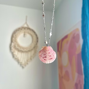 Könnte beinhalten: Eine silberne Kettenkette mit einem rosa Muschelanhänger. Die Muschel hat ein zartes, filigranes Muster.