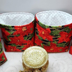 POINSETTIA Fabric Basket with Christmas Flowers, Handmade Fabric Bin with Poinsettias, Christmas Fabric Basket, Red and Green Holiday Basket