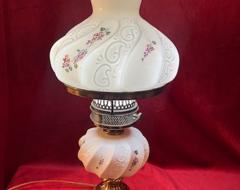 Fenton Plum Crested Milk Glass Paisley Lilacs Floral Student Lamp