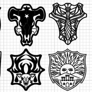 May include: Eight black and white shield designs. Each shield features a unique emblem, including an eagle, bull skull, abstract patterns, a lion, a rose, a deer, a sun over a castle, and a peacock. The designs are outlined in black.