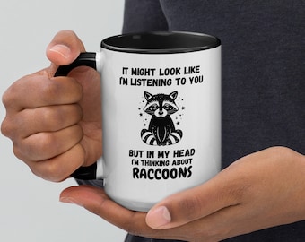 I&#39;m thinking about Raccoons Mug, ceramic mug, coffee cup, tea lover gift, pet raccoon, woodland mug, raccoon print, raccoon owner mug