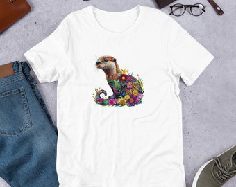 Flower Otter Unisex t-shirt, otter lover t-shirt, cute otter tee, animal lover gift, wildlife theme, otter art, nature tee, adorable animal
