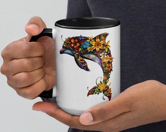 Flower Dolphin Mug, dolphin lover mug, ocean theme, cute dolphin gift, animal lover cup, marine life mug, ceramic mug, coffee cup, tea lover