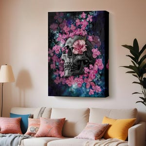 Skeleton Skull And Pink Flowers Canvas Wall Art, Framed Canvas Wall Art, Surreal Canvas Wall Art, Large Wall Art, Surreal Canvas Print