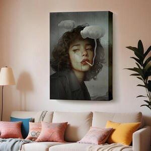 Surreal Artworks Cloud And Smoke Canvas Painting, Framed Canvas Wall Art, Surreal Modern Wall Decor, Surreal Canvas Print, Housewarming Gift