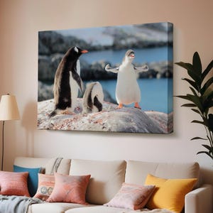 Happy Penguins Decorative Canvas Painting, Large Wall Art, Housewarming Gifts, Animal Canvas Wall Art, Animal Modern Wall Art