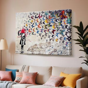 Banksy Butterfly Canvas Print, Butterfly Girl Suicide Print, Duża sztuka ścienna, Oprawione płótno ścienne, Sztuka ścienna na płótnie ulicznym