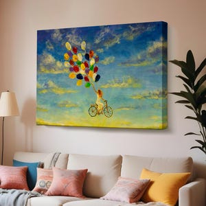 Girl On Bicycle Flying With Colorful Balloons Canvas Art, Large Wall Hanging,  Canvas Room Decor,  Classic Canvas Art,  Home Decor Canvas