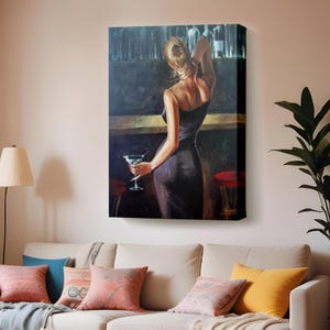 Drinking Yellow-Haired Sexy Woman İn A Bar Canvas Painting, Housewarming Gifts, Large Wall Art, Nü Canvas Wall Art, Nü Modern Wall Decor