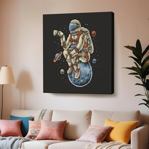 Astronaut ruht auf der Erde und trinkt Kaffee Leinwand Gemälde, İllustration Moderne Wanddekoration, gerahmte Leinwand Wandkunst, große Wandkunst