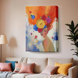 Flower-Haired Woman Oil Painting Look Decorative Canvas Wall Print, Housewarming Gift, Surreal Canvas Print, Framed Canvas Wall Art
