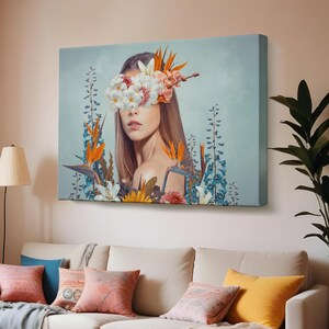 Portrait Of A Beautiful Woman Among Flowers Canvas Art, Surreal Canvas Print, Surreal Modern Wall Decor, Surreal Canvas Wall Art