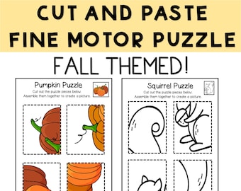 May include: A printable set of 16 fall-themed fine motor puzzles for kids. The puzzles feature a pumpkin and a squirrel. The puzzles are black and white and can be colored in. "Cut and Paste Fine Motor Puzzle Fall Themed!" is written at the top of the page.