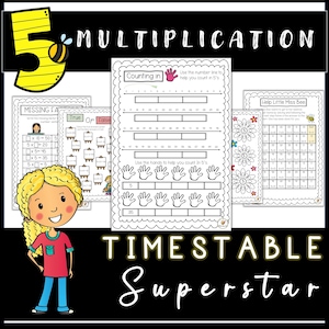 May include: A set of printable worksheets for teaching multiplication facts for the number 5. The worksheets include a number line, counting by 5s, and a true or false activity. The worksheets are designed for elementary school students.