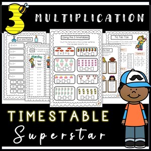 May include: A printable worksheet for learning multiplication facts for the number 3. The worksheet includes a cut and paste activity, a tic-tac-toe game, and a section for counting items and writing multiplication sentences. The worksheet is titled "3 Multiplication Timestable Superstar".