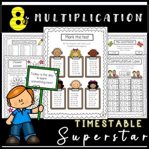Pode incluir: Uma folha de trabalho imprimível colorida para ensinar as tabuadas de multiplicação para o número 8. A folha de trabalho inclui uma variedade de atividades, como problemas de prática, uma atividade de poder das flores, uma atividade de marcar o teste, uma atividade de misturar e combinar e uma atividade de lei comutativa. A folha de trabalho é projetada para ajudar os alunos a aprender e praticar suas tabuadas de multiplicação para o número 8.