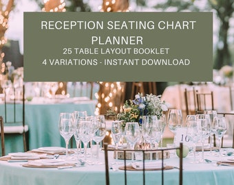 May include: A reception seating chart planner with 25 table layouts in a booklet format. The planner is available for instant download. The image shows a table set for a wedding reception with white chairs, a light blue tablecloth, and clear glassware. The text "MADE IN Canva" is visible in the lower right corner.