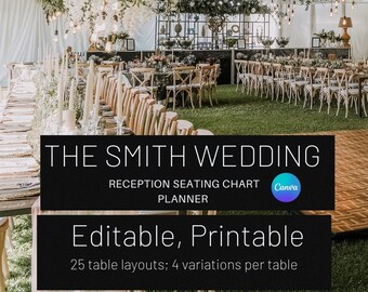 May include: A wedding reception seating chart planner template with the text "THE SMITH WEDDING RECEPTION SEATING CHART PLANNER Canva Editable, Printable 25 table layouts; 4 variations per table". The template is displayed on a wooden floor with a green grass background. The image shows a large tent with white fabric and hanging greenery.