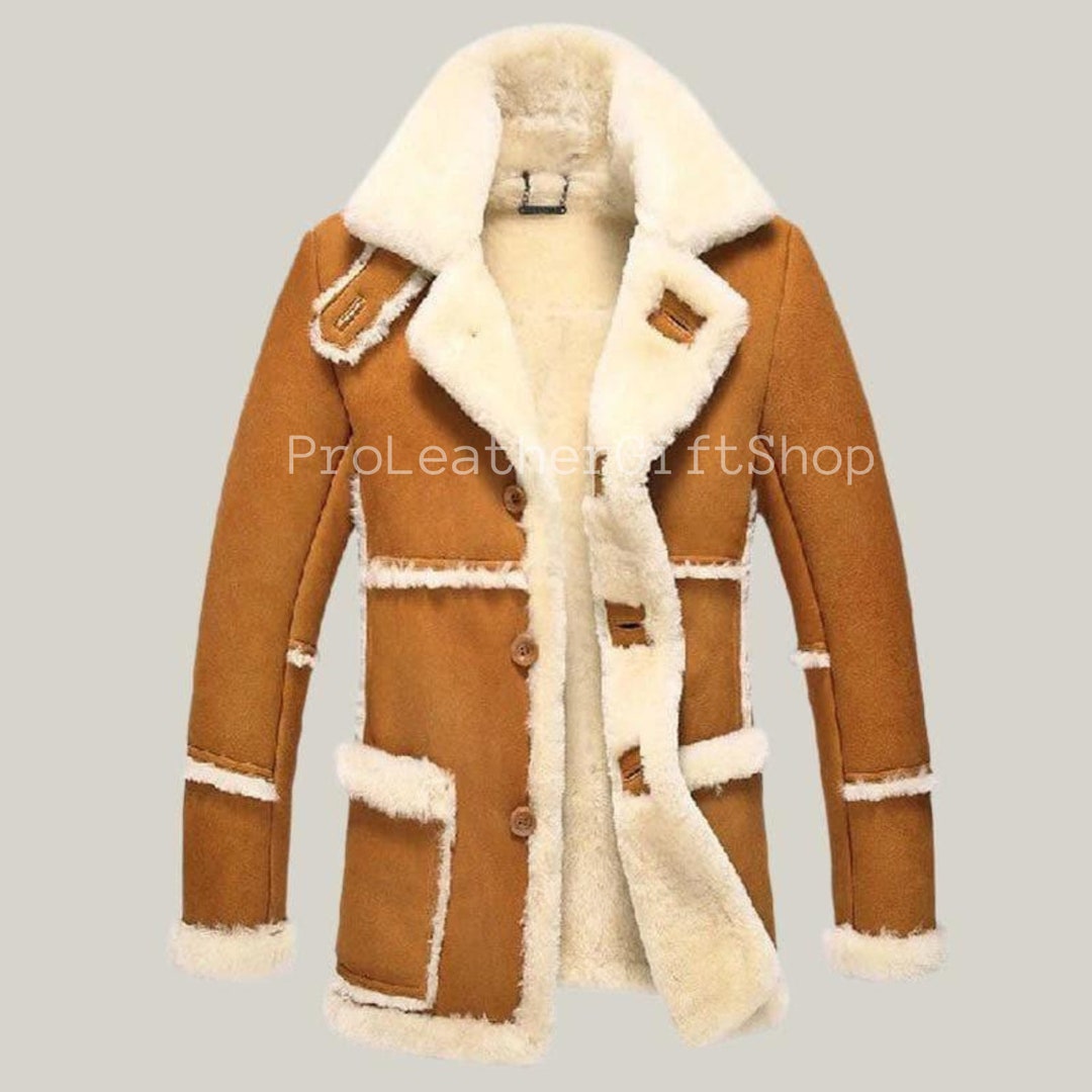 Handmade Men Trench Coat Real Sheepskin Shearling Fur Brown Long ...