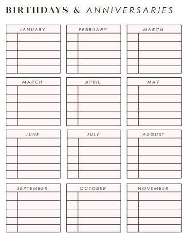 Birthday/anniversary Calender Template - Etsy