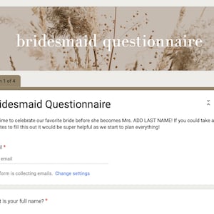 May include: A bridesmaid questionnaire form with a title that says "Bridesmaid Questionnaire". The form asks for the bridesmaid's email address and full name.