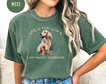 Long-Haired Dachshund Comfort Colors® TShirt Doxie Mom Gift, Longhaired Wiener Dog Lover Tee, Long-Haired Dachshund Mom Gift Tee, Tan Doxie
