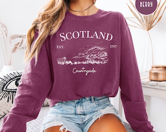 Scotland Long Sleeve Unisex Comfort Colors Tee, Scotland Countryside Tee, Scotland Grunge Shirt, Scotland Travel Gift Scottish Highlands Tee