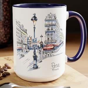 Paris Vacation Gift Mug, 15 oz Large 2-Tone Mug for Coffee Lovers, Paris France Vacation Gift, Paris Lover Gift, Paris Cafe Scene Mug