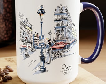 Paris Vacation Gift Mug, 15 oz Large 2-Tone Mug for Coffee Lovers, Paris France Vacation Gift, Paris Lover Gift, Paris Cafe Scene Mug