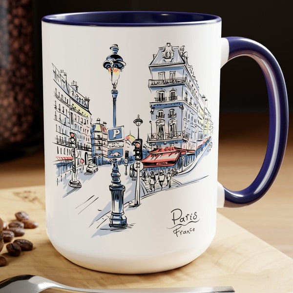 Paris Vacation Gift Mug, 15 oz Large 2-Tone Mug for Coffee Lovers, Paris France Vacation Gift, Paris Lover Gift, Paris Cafe Scene Mug