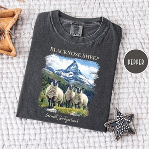 K&ouml;nnte beinhalten: Dunkelgraues T-Shirt mit einem Aufdruck von Schwarznasenschafen vor einer Berglandschaft. Der Text "BLACKNOSE SHEEP" und "Zermatt, Switzerland" ist aufgedruckt. Marke Comfort Colors.