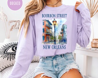 Camiseta unisex de manga larga Bourbon Street New Orleans con colores cómodos, camiseta de vacaciones en Nueva Orleans