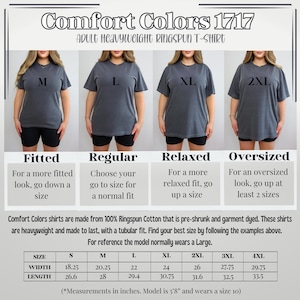 Pode incluir: Imagem de camisetas Comfort Colors 1717 para adultos, de tecido ringspun pesado, nos tamanhos M, L, XL e 2XL. Inclui uma tabela de tamanhos com medidas em polegadas e orienta&ccedil;&otilde;es para escolher o ajuste certo: justo, normal, folgado ou oversized.