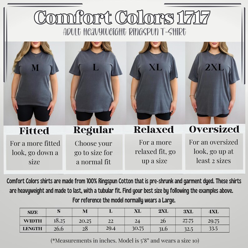 Pode incluir: Imagem de camisetas Comfort Colors 1717 para adultos, de tecido ringspun pesado, nos tamanhos M, L, XL e 2XL. Inclui uma tabela de tamanhos com medidas em polegadas e orienta&ccedil;&otilde;es para escolher o ajuste certo: justo, normal, folgado ou oversized.