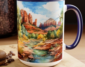 Sedona Arizona Red Rock State Park Ceramic 15oz Mug, Design Front and Back, Sedona Arizona Watercolor, Sedona Vacation Gift Mug, Sedona Trip