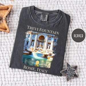 May include: Dark grey t-shirt with a graphic of the Trevi Fountain in Rome, Italy. The image shows the fountain with its sculptures and water. The text "TREVI FOUNTAIN" and "ROME, ITALY" are printed on the shirt. The shirt is labelled "Pepper".