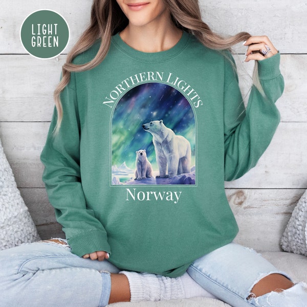 Northern Lights Norway Comfort Colors® Long Sleeve Tee, Svalbard Artic Northern Lights Shirt, Norway Artic Polar Bears Shirt, Norway Gift