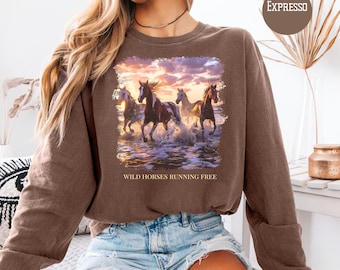 Horses Running on Beach At Sunset Comfort Colors Long Sleeve Unisex Gift For Horse Lover, Horses Enjoying Beach Animal Lover Tee, Nature Tee