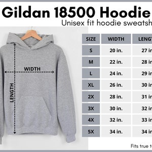 May include: A gray unisex hoodie sweatshirt with a size chart showing measurements in inches. The chart includes sizes S through 5X, with corresponding width and length measurements.