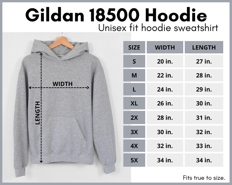 May include: A gray unisex hoodie sweatshirt with a size chart showing measurements in inches. The chart includes sizes S through 5X, with corresponding width and length measurements.