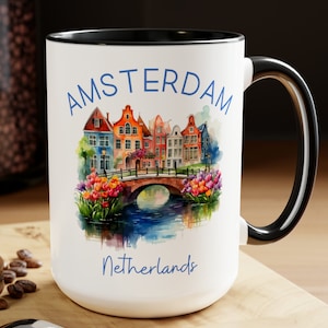 Amsterdam Netherlands Vacation Gift, 15oz Large 2-Tone Coffee Mug DESIGN FRONT & BACK, Amsterdam Canals Watercolor, Netherland Travel Gift