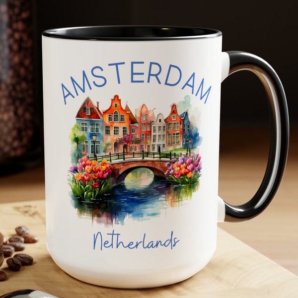 Amsterdam Netherlands Vacation Gift, 15oz Large 2-Tone Coffee Mug DESIGN FRONT & BACK, Amsterdam Canals Watercolor, Netherland Travel Gift