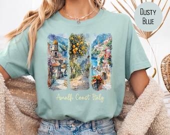 Camiseta de lona con acuarela de la Costa Amalfitana italiana, regalo de vacaciones en la Costa Amalfitana italiana, camiseta con pinceladas de la Costa Amalfitana, regalo de Italia