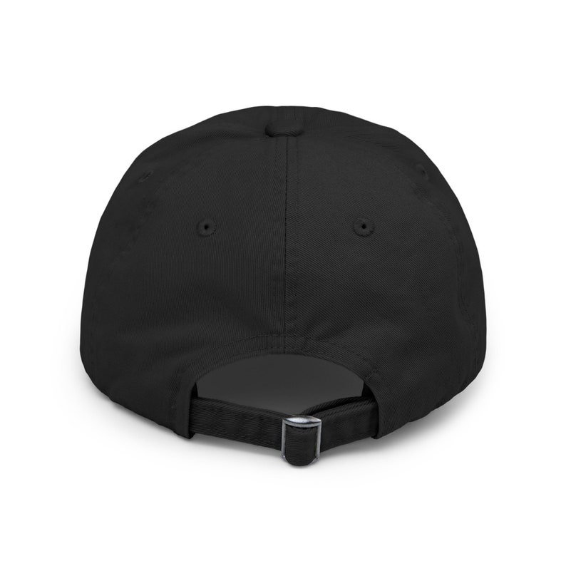 May include: Black baseball cap with a simple design. The cap has a curved brim and an adjustable strap in the back.