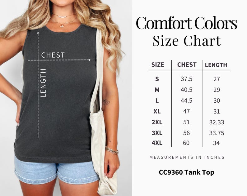 K&ouml;nnte beinhalten: Gr&ouml;&szlig;entabelle f&uuml;r ein Tanktop in verschiedenen Gr&ouml;&szlig;en, die Brust- und L&auml;ngenma&szlig;e in Zoll angeben. Die Tabelle umfasst die Gr&ouml;&szlig;en S, M, L, XL, 2XL, 3XL und 4XL. Das Tanktop wird von Comfort Colors hergestellt und hat die Artikelnummer CC9360.