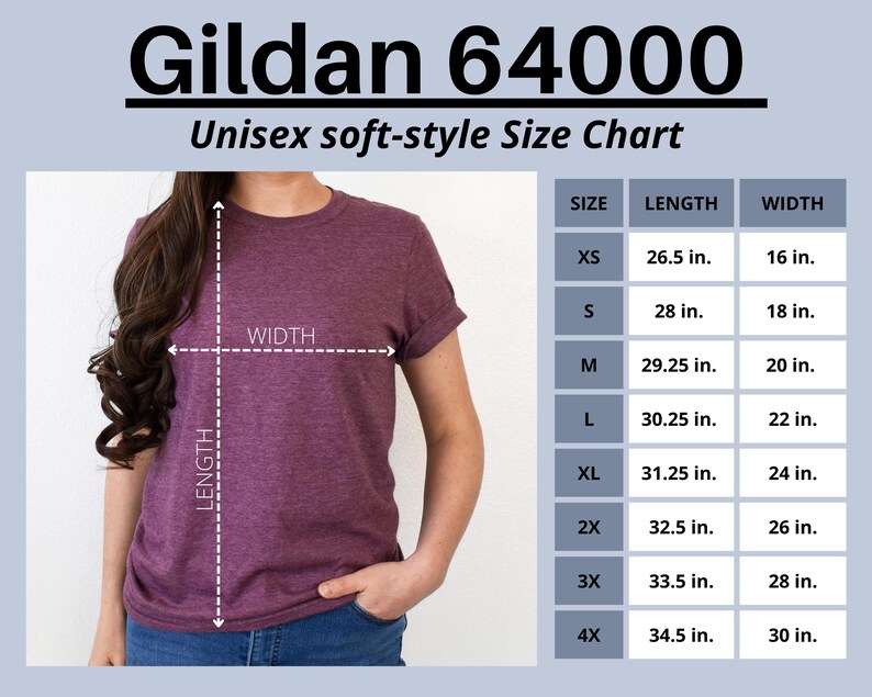 Może przedstawiać: Tabela rozmiar&oacute;w dla unisexowych t-shirt&oacute;w Gildan 64000 w miękkim stylu. Tabela pokazuje wymiary w calach dla rozmiar&oacute;w XS, S, M, L, XL, 2X, 3X i 4X. Tabela zawiera wymiary długości i szerokości.