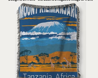 Mount Kilimanjaro Woven Throw Blanket Souvenir, Mountain Climber Gift, Tanzania Africa Blanket