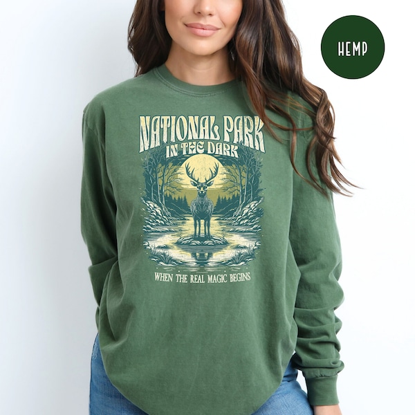 National Park In The Dark Grunge Style Comfort Colors® Long Sleeve Campfire Shirt, Nature Lover Gift, National Park Shirt, Hiking Tee Shirt