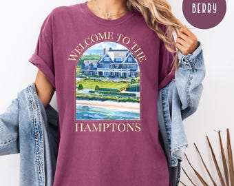 Hamptons Watercolor Coastal Home Comfort Colors Adult Unisex Gift Tee Shirt, Hamptons Vacation Gift Shirt, Hamptons Summer Home Tee Shirt