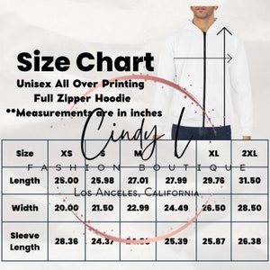 AOP (All Over Printing) Unsex Full Zip Hoodie Printify Size Chart, MWW AOP Size Chart, Printify Hoodie Size Chart, Generic Hoodie Size Chart